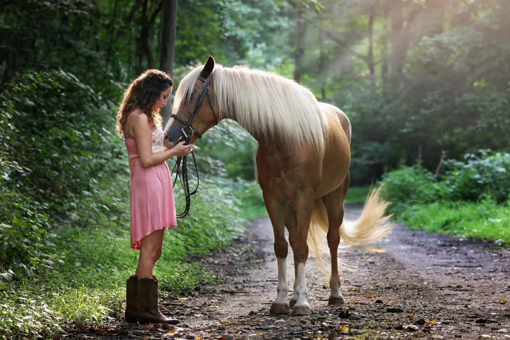 A young woman in a pink dress with a horse on a sunlit forest pathway.